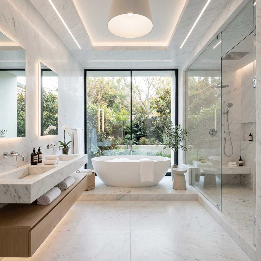 Badezimmer mit Naturstein-Oberflächen als Materialeindruck – Grama Natursteine