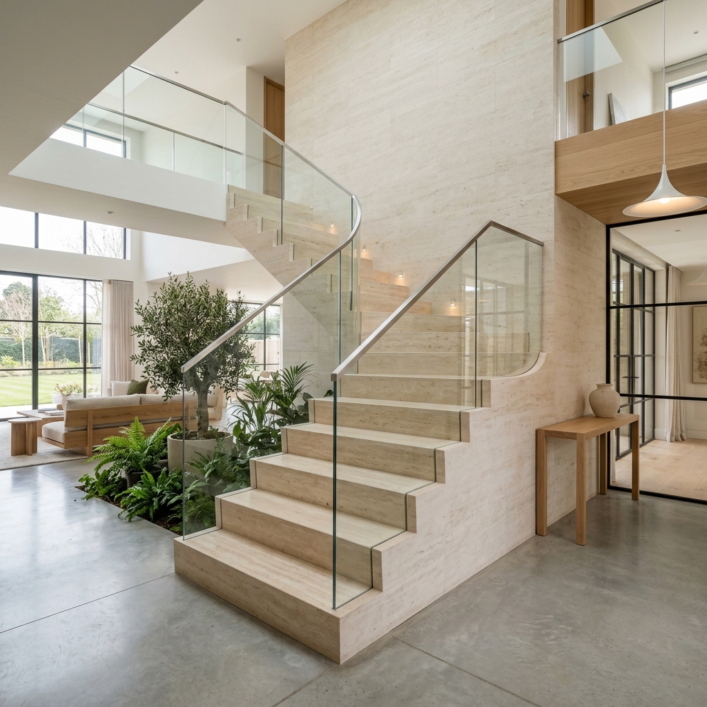 Treppenanlage aus Naturstein als Raumeindruck – Grama Natursteine Showroom